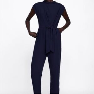 ZARA NAVY JUMPSUIT Size S WITH WAIST TIE AND BUTTONS